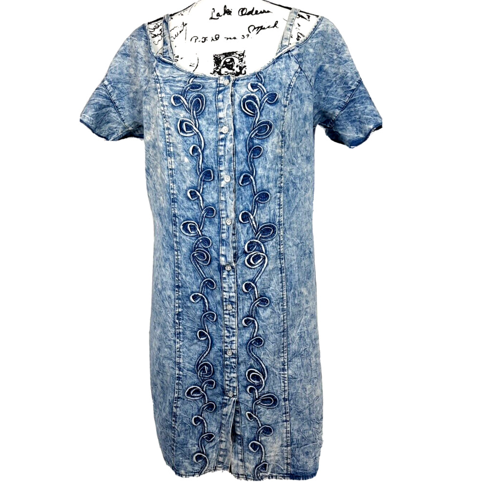 Vintage Y2K Millenium Acid Wash Embroidered Denim Dress Large Blue Cold Shoulder